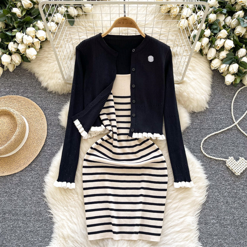 French-inspired knit set for women: winter striped camisole dress + ruffle trim cardigan