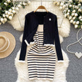 French-inspired knit set for women: winter striped camisole dress + ruffle trim cardigan