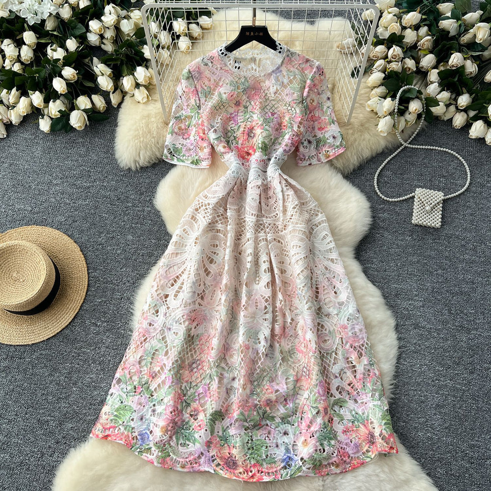 Frenchclassy sense cut out water-soluble laceprintingdress women's slimming look elegant round neck short-sleeved mid-length skirt