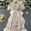 Frenchclassy sense cut out water-soluble laceprintingdress women's slimming look elegant round neck short-sleeved mid-length skirt
