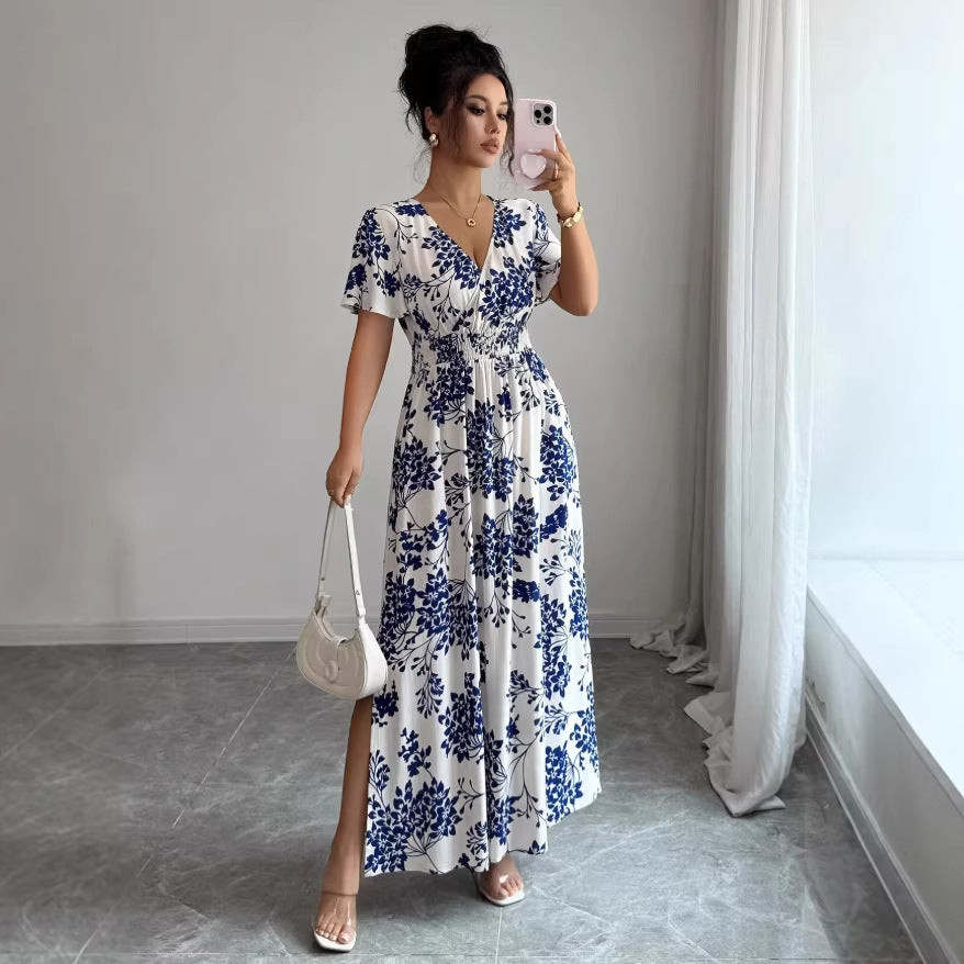 new european and american summer print v-neck maxi dress