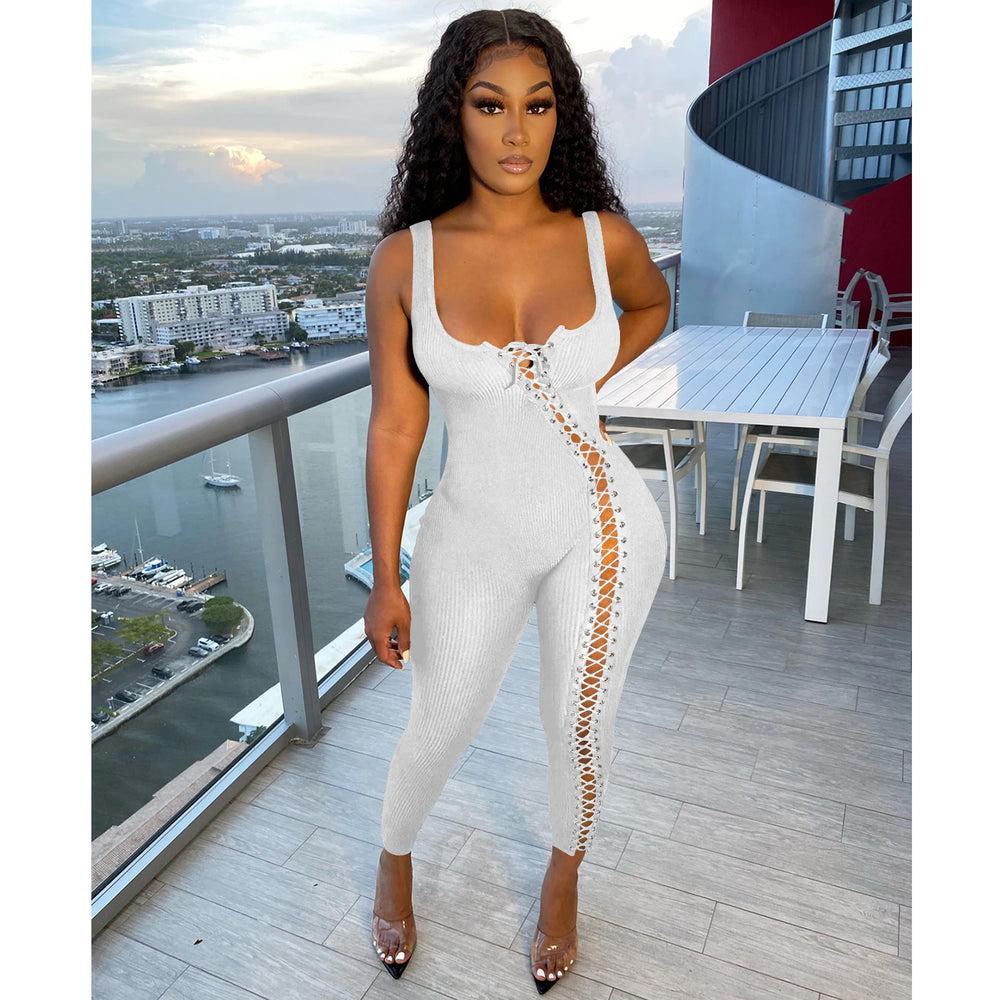 C5245    european and american women's fashion summer new sexy strappy hollow-out jumpsuit