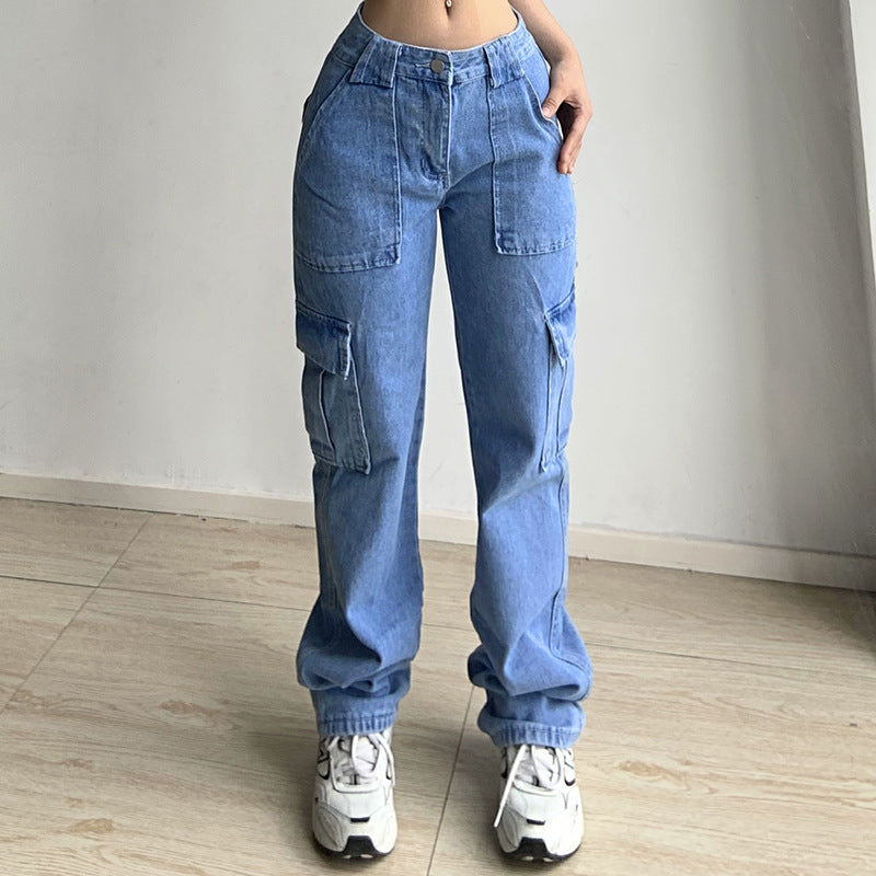 Wish cross-border trade  new versatile multi-pocket cargo pants loose casual denim trousers  women's