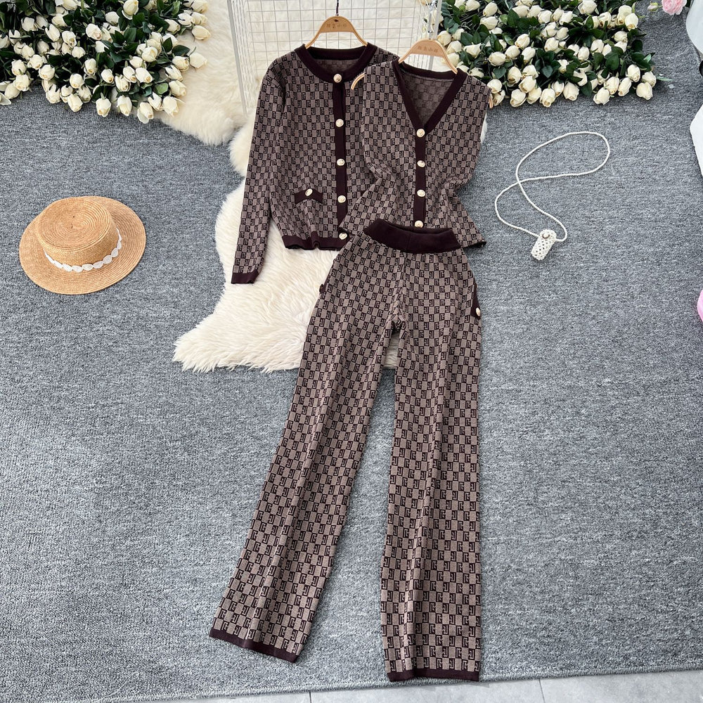Fashion retro jacquard suit women's small fragrant style sleeveless knitting waistcoat sweatercardiganoutwear wide leg pants