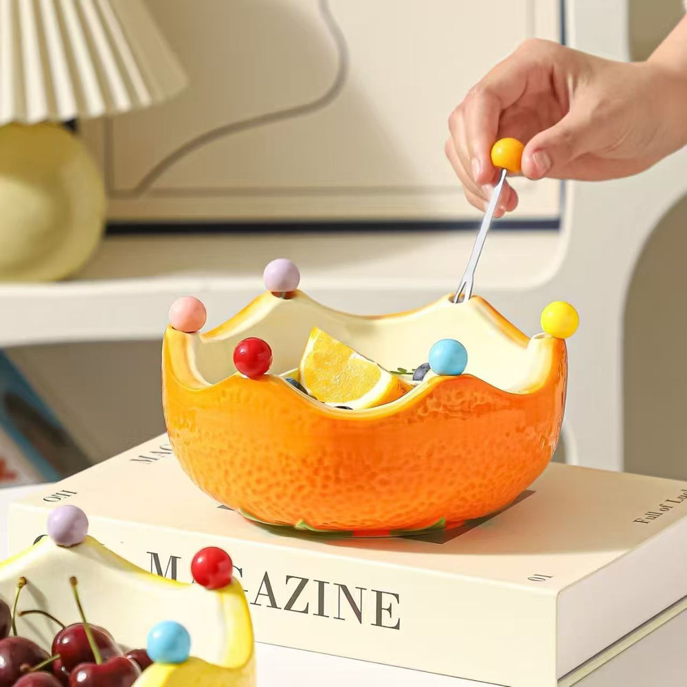 Creative ceramic orange fruit plate salad bowl for home living room stainless steel fork ins good-looking storage bowl