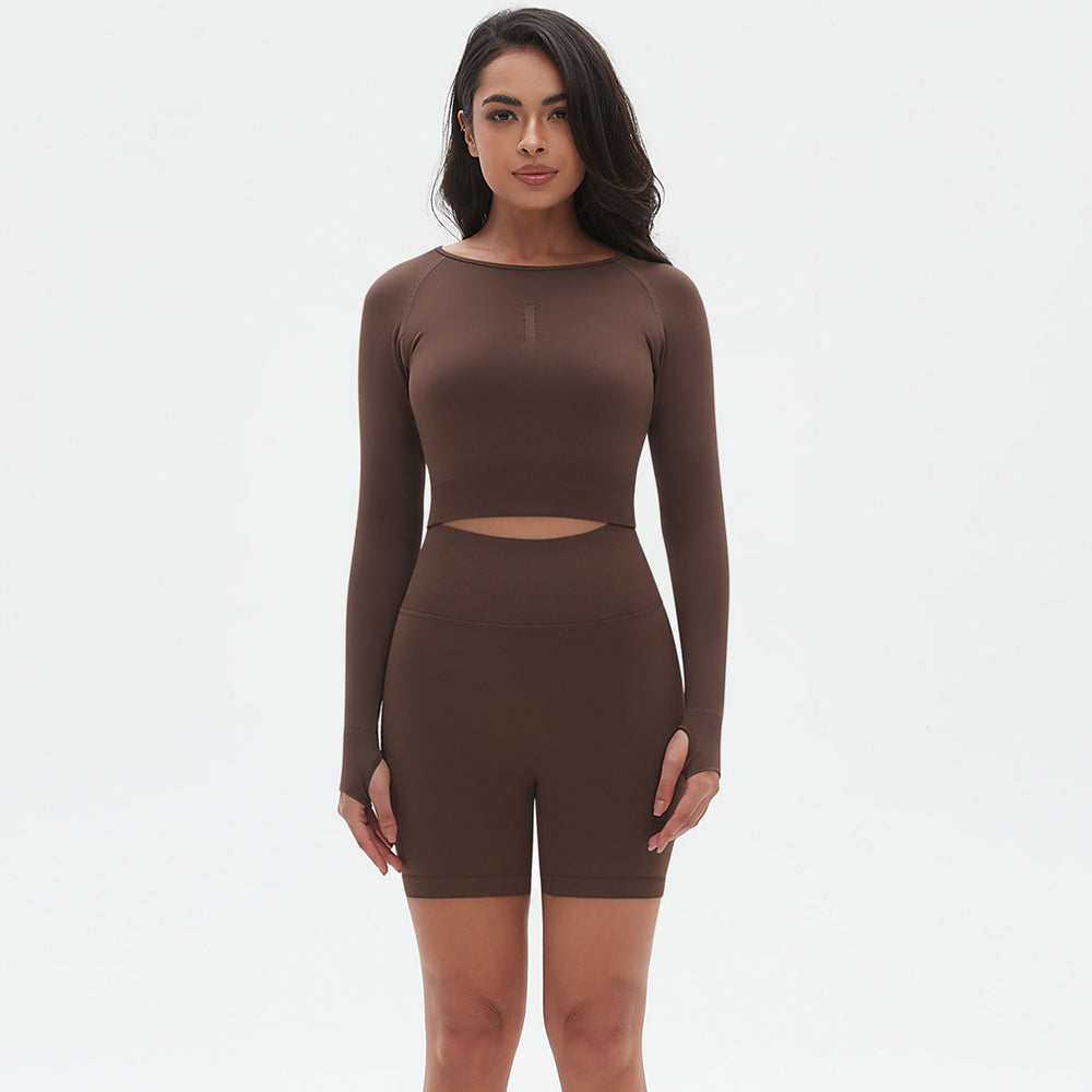 seamless knit solid color compression long-sleeve top, high-stretch breathable running and fitness set, yoga wear for women
