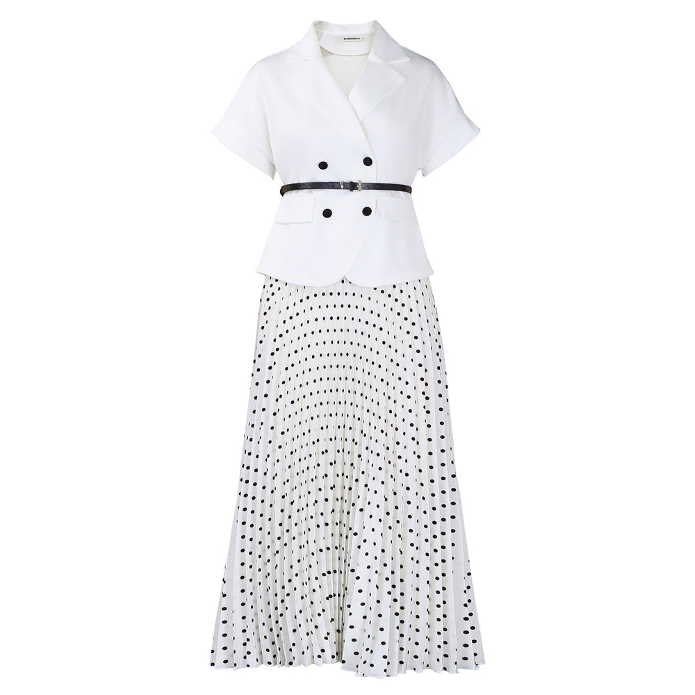 D620 european and american export new arrival elegant blazer collar short sleeve top polka dot pleated midi skirt african cross-border outfit set