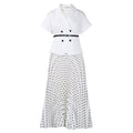 D620 european and american export new arrival elegant blazer collar short sleeve top polka dot pleated midi skirt african cross-border outfit set