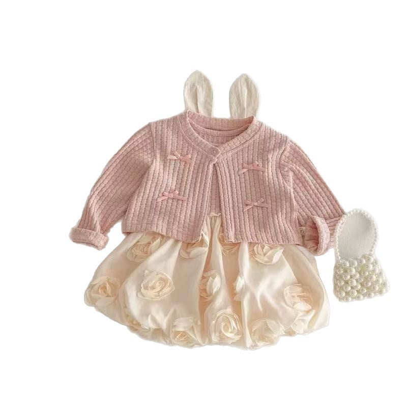 New arrival baby girl style princess baby autum bag butt skirt suit first birthday long sleevestwo-piece set cake bag butt skirt