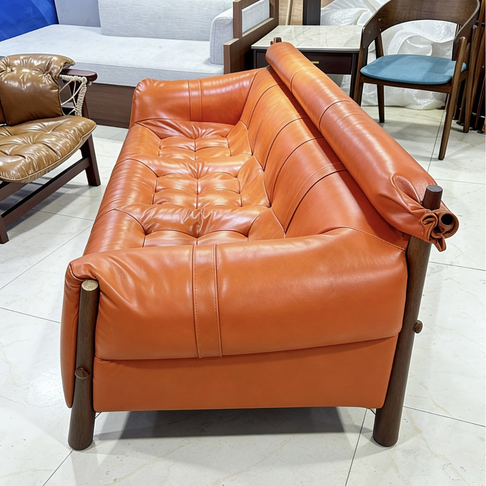 Solid wood sofa fabric designer creative straight row high back retro ash wood three-person new arrival oil wax leather