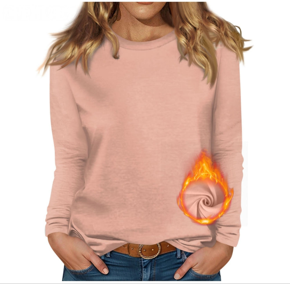cross-border new women's round neck long sleeve solid color fleece-lined base layer top