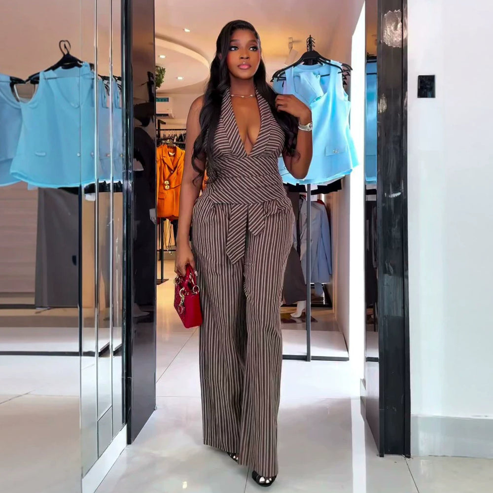 European and american cross-border women's fashion:  summer new collection - stylish v-neck striped sleeveless top and wide-leg pants set
