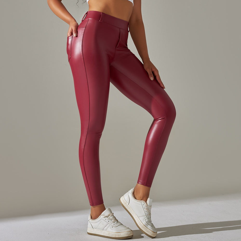 Clearance european and american sexy pu leather pants plus size tummy control leggings sports with pockets skinny pants brushed style bottom pants