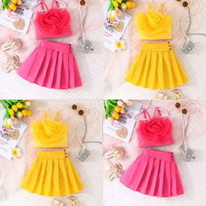 new european and american style two-piece outfit: fashionable and cute baby girl's suspender dress + flutter sleeve set