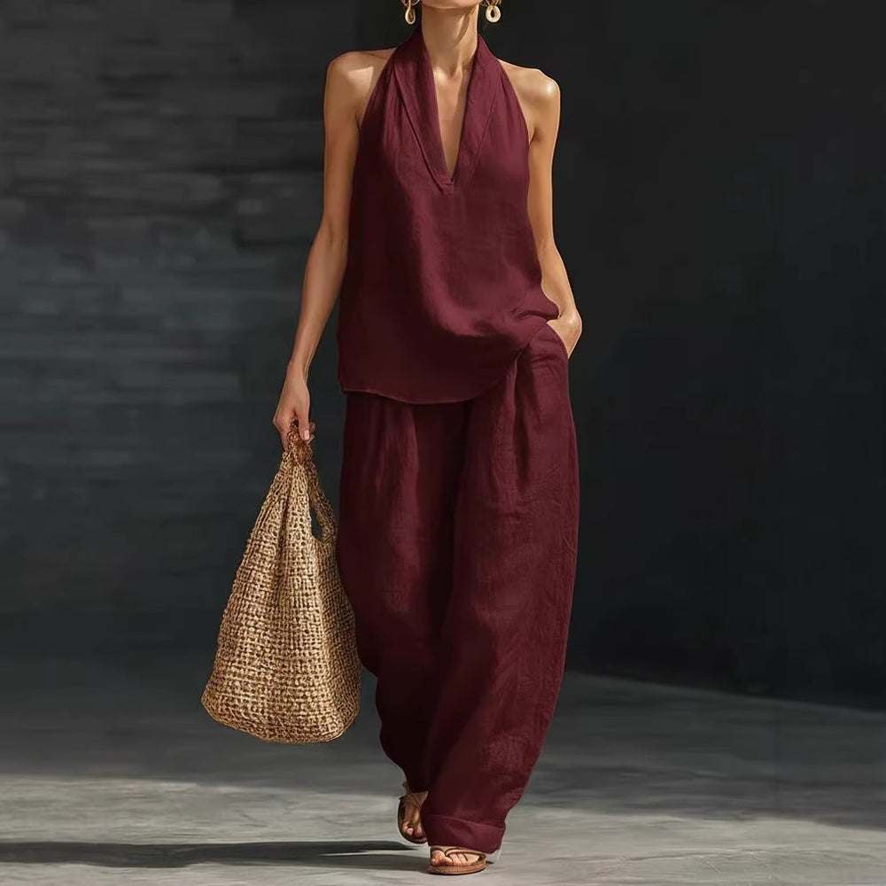 spring/summer hot seller: french chic halter v-neck open-back top & cool, comfortable, slimming wide-leg pant set