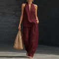 spring/summer hot seller: french chic halter v-neck open-back top & cool, comfortable, slimming wide-leg pant set
