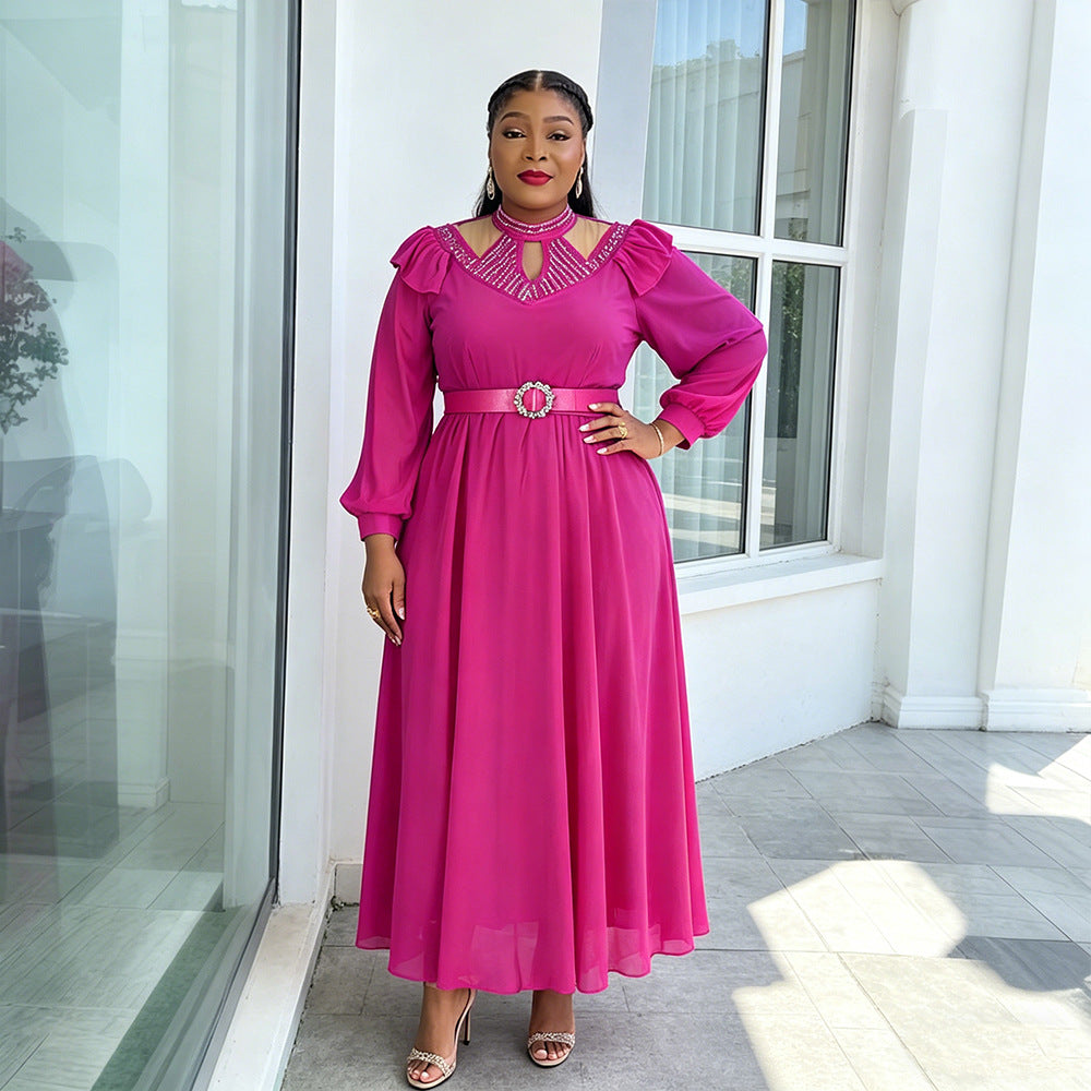 Aliexpress  plus size women's dress elegant fashion rhinestone belted chiffon evening gown