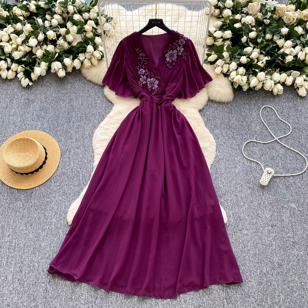 French retro chic v-neck dress - women's summer pleated, beaded, and crinkled design - mature and elegant maxi dress