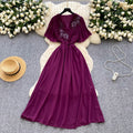 French retro chic v-neck dress - women's summer pleated, beaded, and crinkled design - mature and elegant maxi dress
