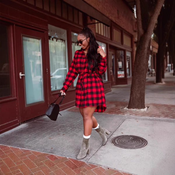 A 219 Cross-border European and American women's clothing autumn and winter classic metal button-checked printed cardigan elegant dress