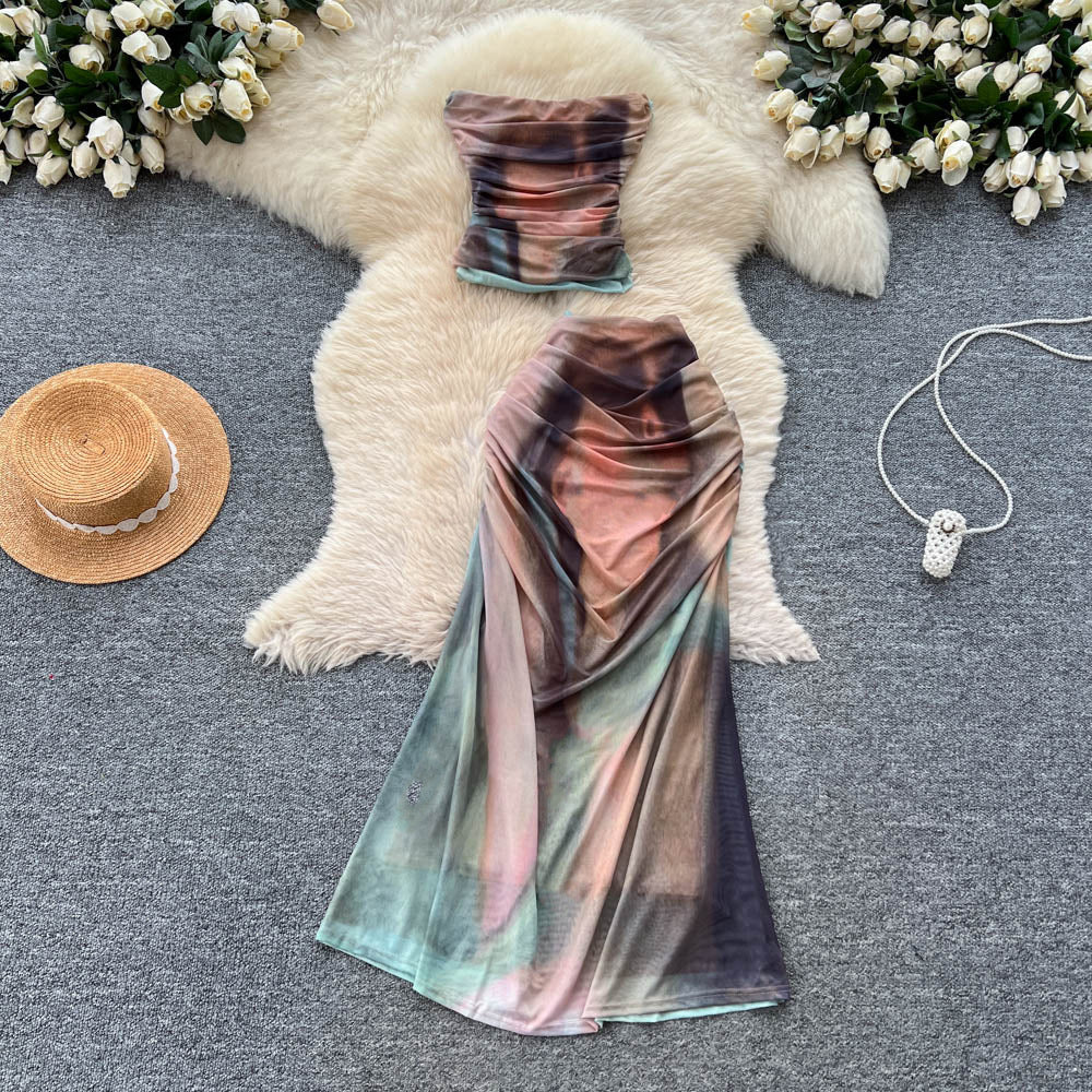 Sexy hot girl print tank top sleeveless two-piece set women's summer ruched top high-waisted midi skirt slimming outfit