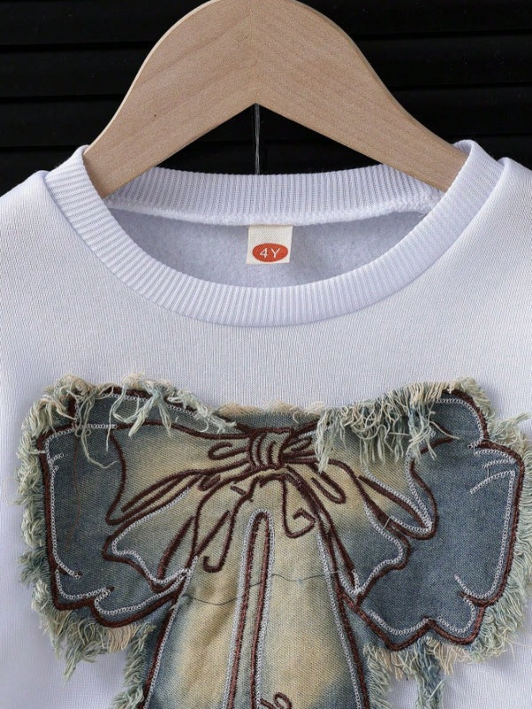 cross-border new arrival: girls' spring/autumn denim bowknot sweatshirt + heavy-duty washed denim skirt two-piece set
