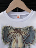 cross-border new arrival: girls' spring/autumn denim bowknot sweatshirt + heavy-duty washed denim skirt two-piece set