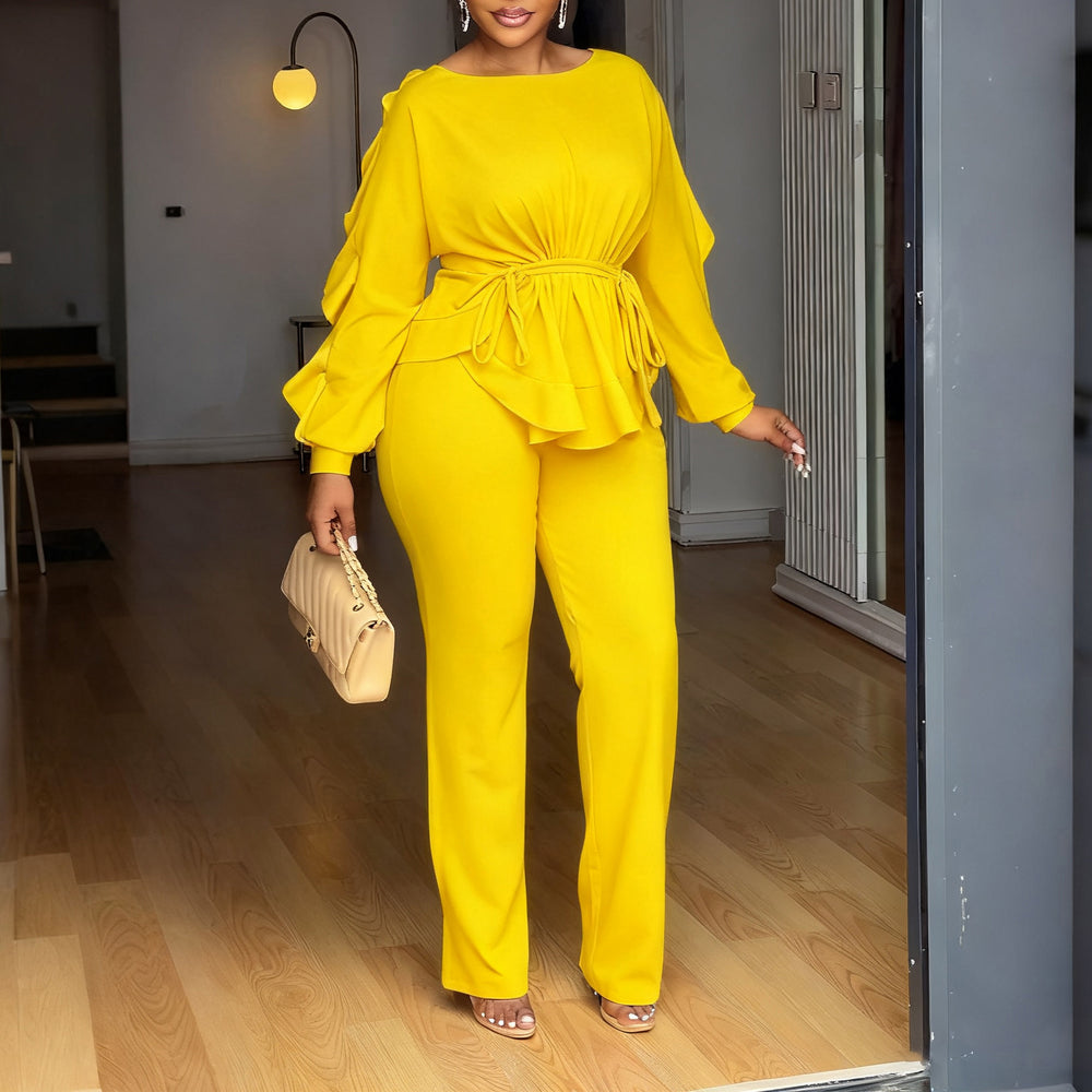 D3345exportfashionelegance winter elastic ruffles drawstring long sleeves waist tops pants cross-border two-piece set