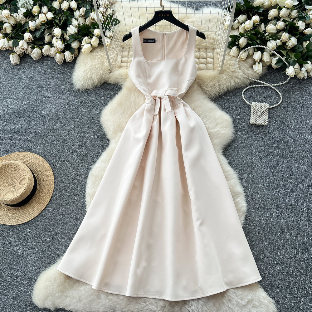 French chic sleeveless square neck dress - summer edition: butterfly knot waist, slimming, elegant hepburn style maxi dress