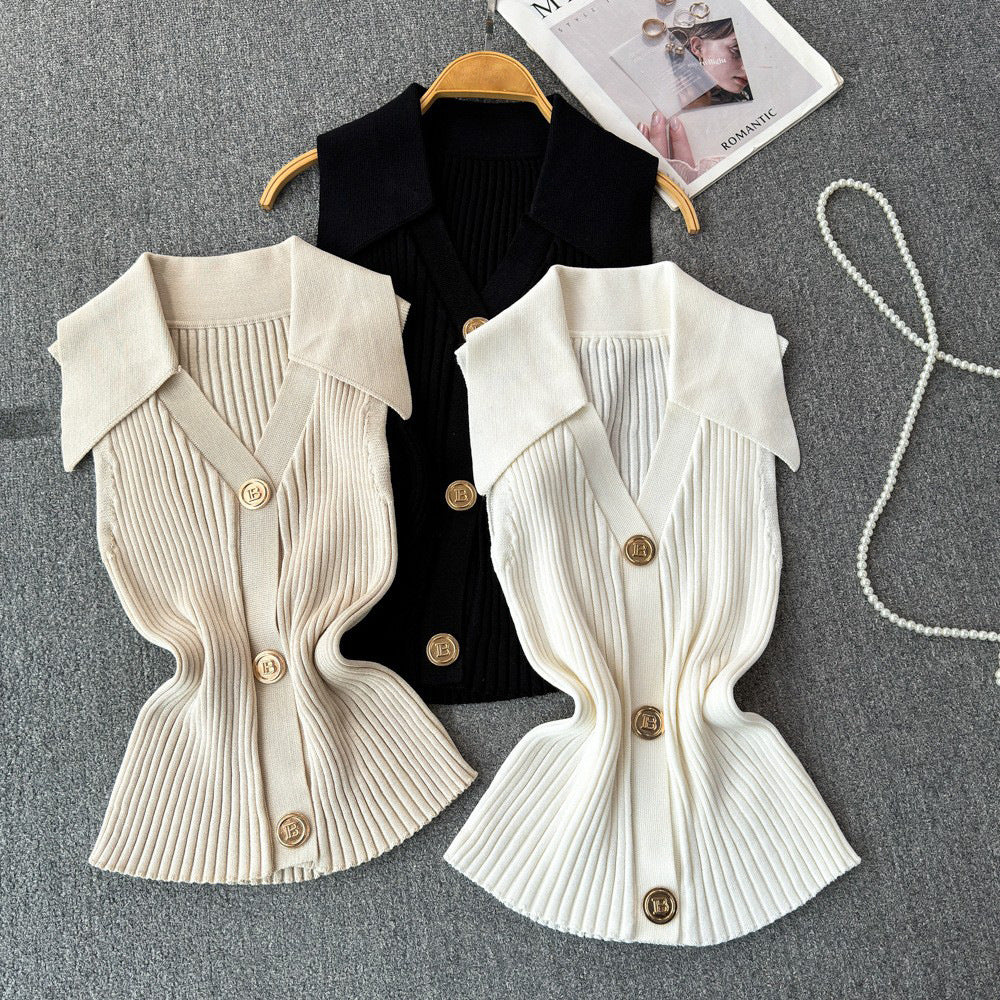 Xiaoxiangfeng knitting vest for women summer thin stylesenseniche stylepolo collar slimming lookshort chichaltertops