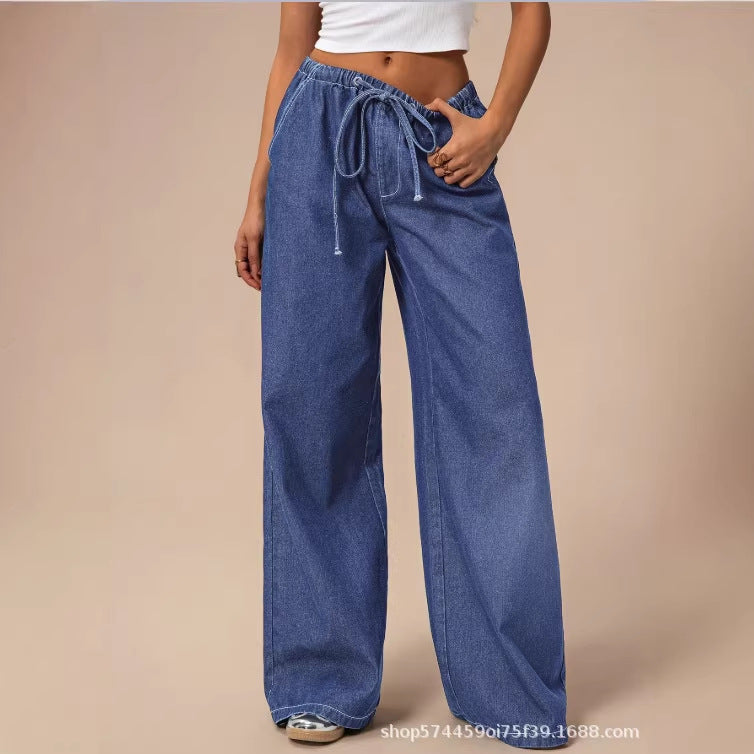 Amazon tiktok pinduoduo export cross-border fashion drawstring elastic waist wide leg jeans women's summer thin style