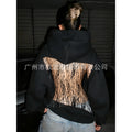 European and american cross-border  fall/winter new women's fashion  style solid color backless cutout mesh hoodie sweatshirt