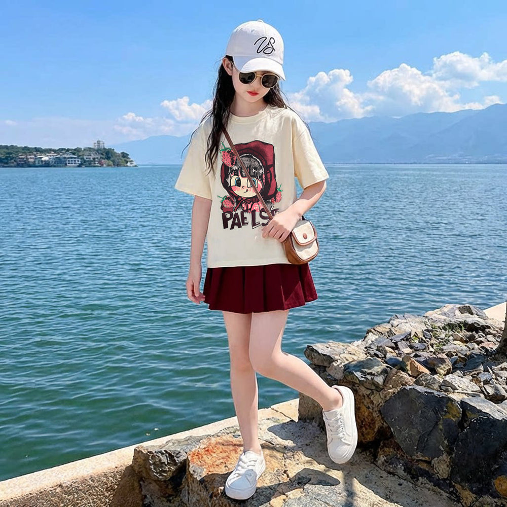 Girls' summer outfit  new style: trendy and cool summer clothes for mid-to-large children - strawberry girl t-shirt and skirt pants two-piece set