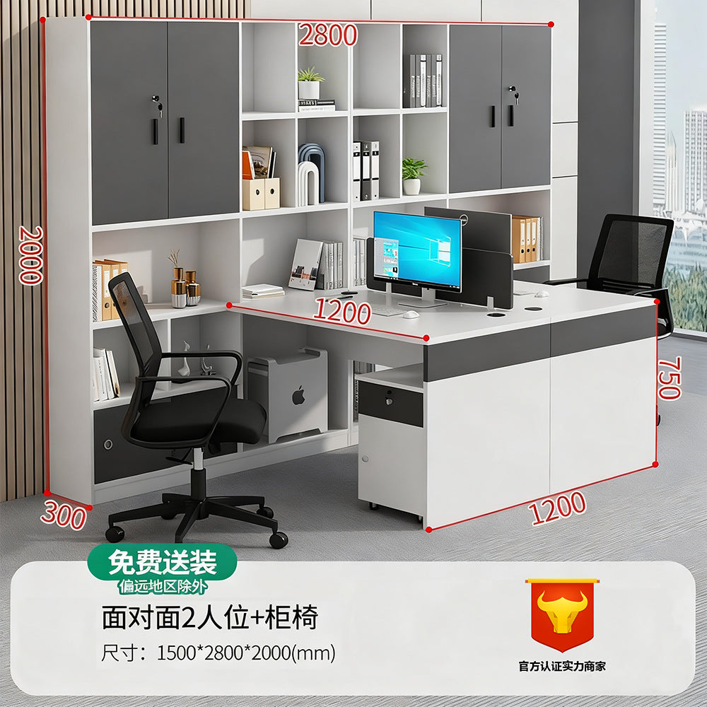 Financial office desk set - executive office desk with high cabinet, two-seat facing configuration for accountants and managers