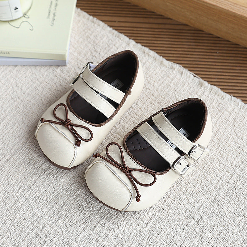 Vancahao  spring and autumn new girls' ins french style leather shoes children's bow princess shoes soft sole flats