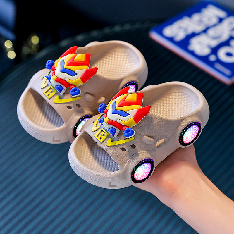 Shiny light-up slippers - kids' cartoon anti-slip slides - boys' home superhero soft sole baby summer slippers