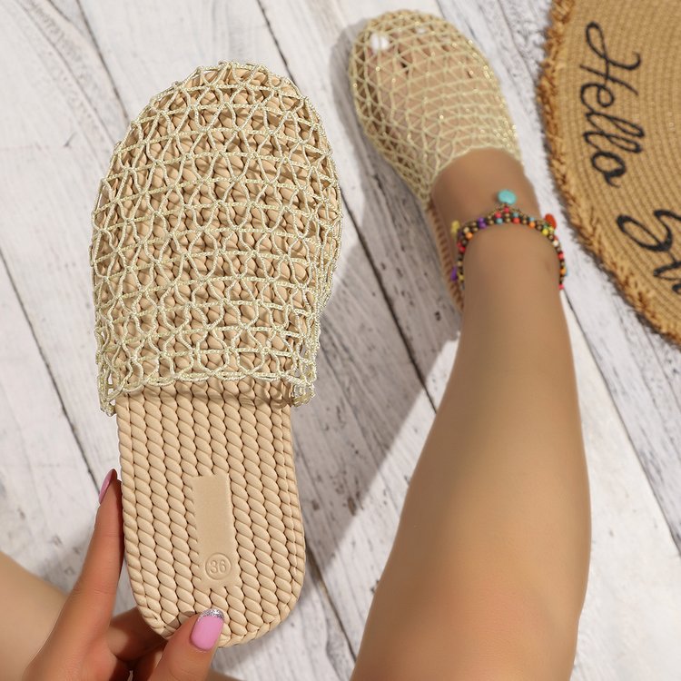 Exportplus sizesummernew arrival woven fishnet baotou half slippers women's outwearcut out mesh breathable flats sandals