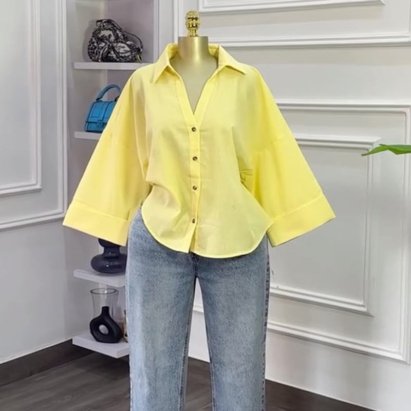 European and american cross-border women's fashion:  summer new arrival - stylish turn-down collar, loose fit, unique design, niche casual shirt top