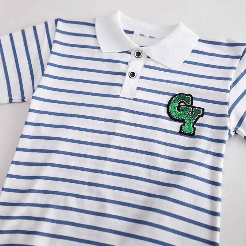 Children's denim shorts overalls polo shirtstripestwo-piece setsummerk-style 0-3 years old small and medium-sized children new arrivalin stock