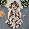 European and american style printed short-sleeve dress - women's autumn polo collar tie-waist design, unique and chic, elegant maxi dress