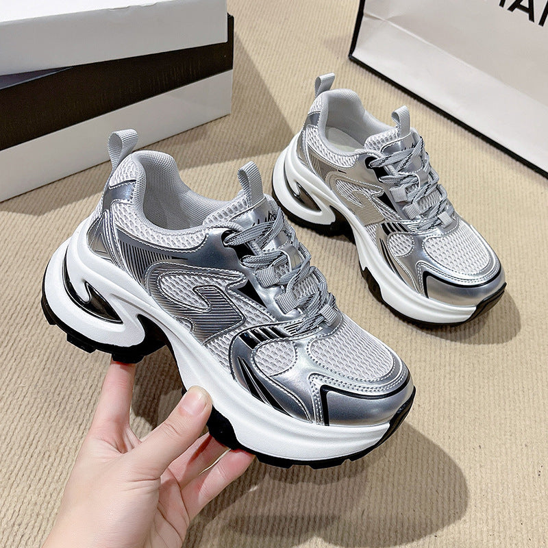 2026 spring chunky platform sneakers for women - new mesh breathable fashion silver height increasing casual athletic trendy shoes