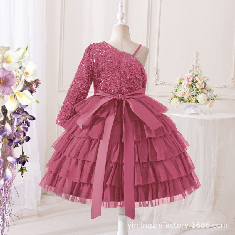 Export cross-border dress girl's oblique shoulder suspender cake skirt sequin strap bowskids princess skirt tutu skirt