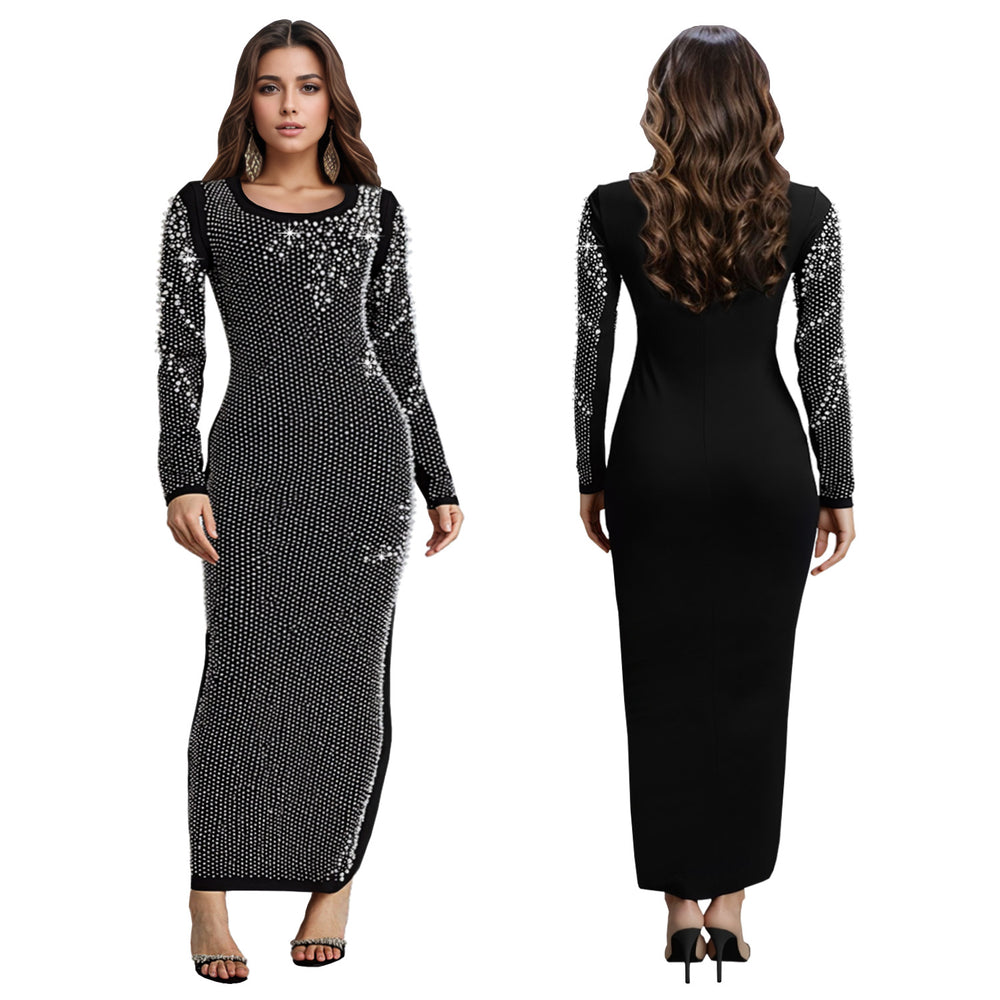 C7417 cross-border   fashion women's sleeveless bodycon rhinestone beaded elegant dress