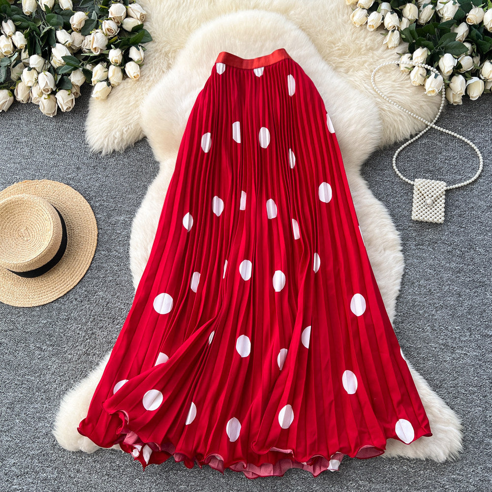 Light mature style retro polka dot pleated classy skirt women's high waist a-line slimming look pleated drape long skirt work clothing