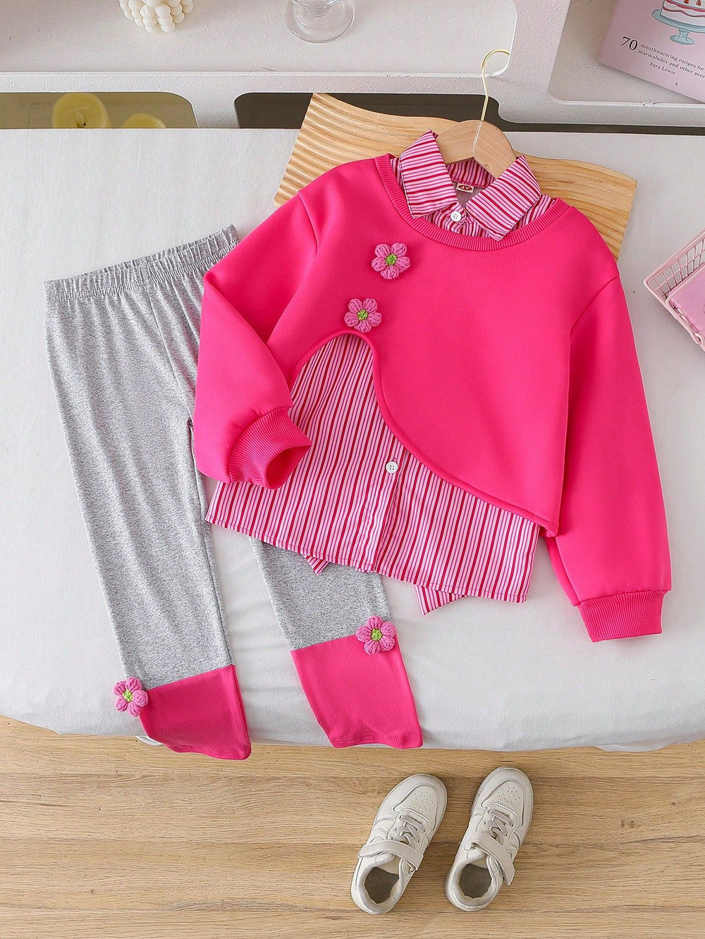 girls' spring/autumn new set: korean style fashionable bowknot faux two-piece shirt and leggings two-piece outfit