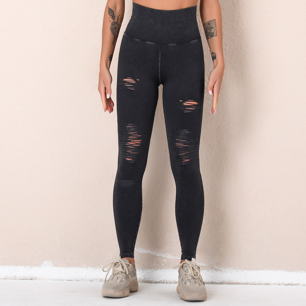 Big sale cross-border new arrival washed yoga pants with holes cut out seamless high waist sports nine-point pants butt lift fitness pants for women