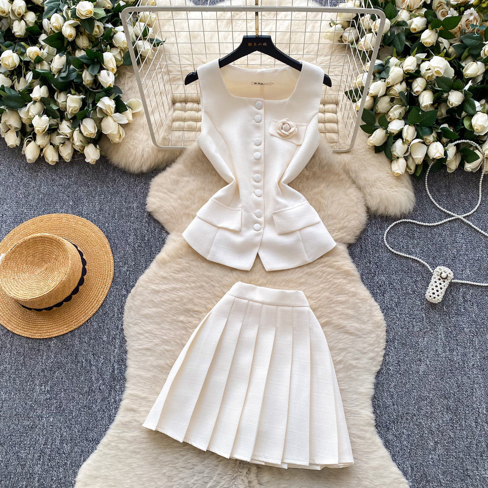 Xiaoxiangfeng single-breasted sleeveless vest pleated skirttwo-piece set female summer light and mature styleeasiest for match age-reducing elegantsuit