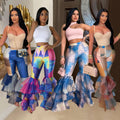 C6971 cross-border   independent station fashion women's printed flare pants ruffle hem women's trousers