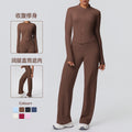 New arrival: solid color brushed fleece breathable zip-up jacket & wide-leg yoga pants set - perfect for running, fitness, and activewear