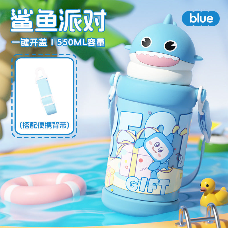 New arrivalwintercute little shark straw cup with strap portable stainless steel thermos cup outdoor sturdy and fall-resistant kids